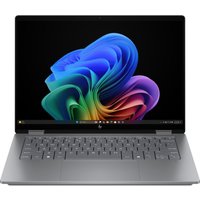 Silver HP OmniBook X Flip 14" laptop, touchscreen, sleek design, thin bezels, Windows 11 interface displayed.