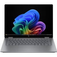 Silver HP OmniBook X FlipNGAI 14-inch laptop with colorful screen, backlit keyboard, and sleek design.