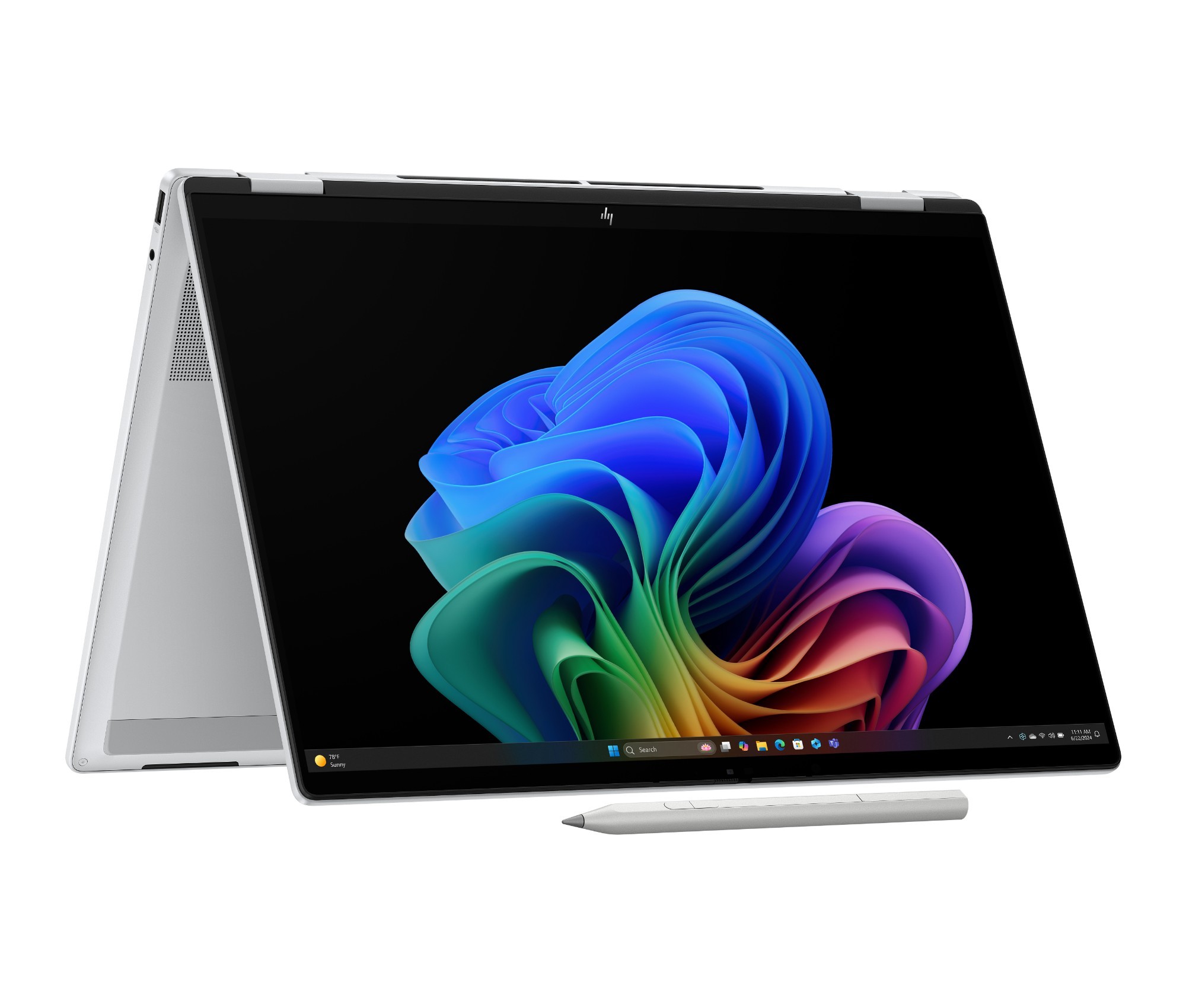 HP OmniBook X FlipNGAI 16-as0007na features a sleek silver design, a vibrant 16-inch touchscreen, and includes a stylus for enhanced interactivity.