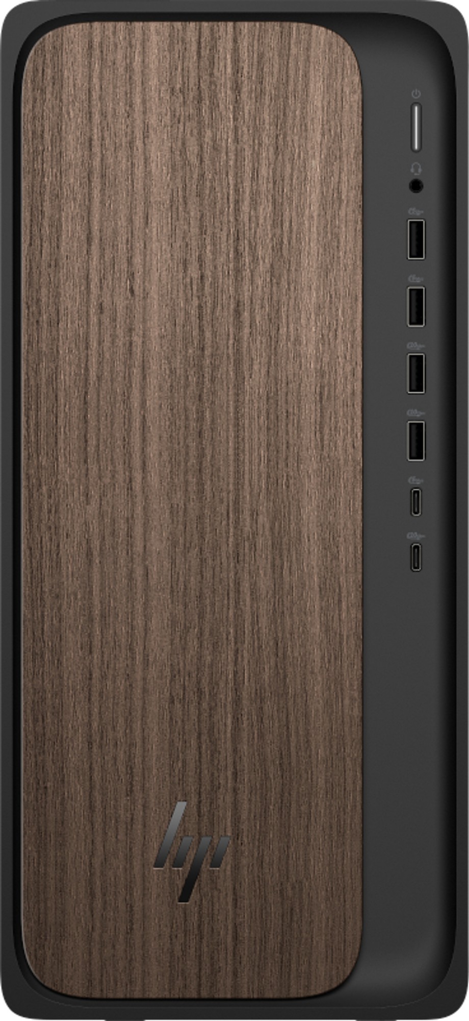 Sleek black desktop PC with a wooden front panel, featuring multiple USB ports and an HP logo, designed for high performance with Intel Core Ultra 7 and 32 GB DDR5-SDRAM.