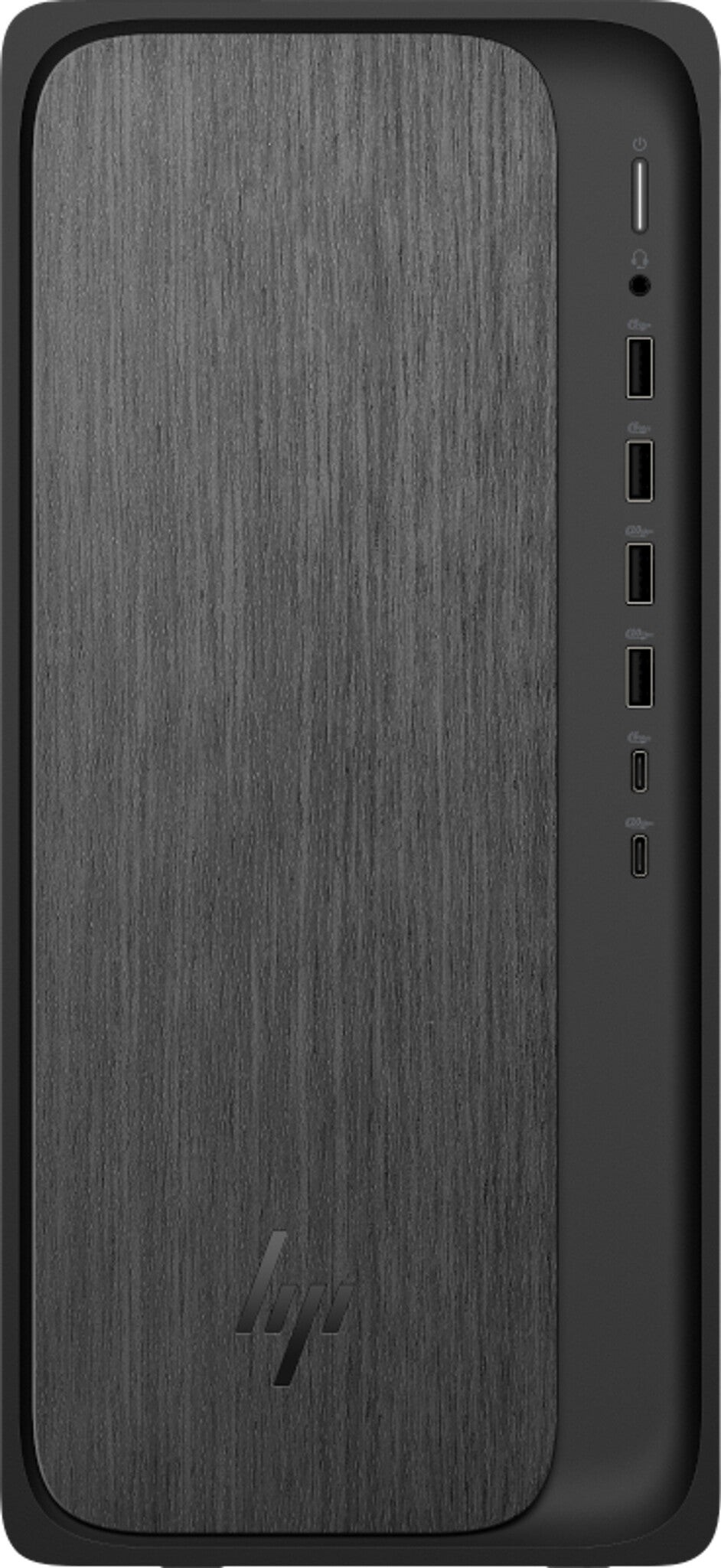 Sleek black HP OmniDesk M02-0006na PC with a textured front panel, featuring multiple USB ports and a power button on the side, designed for modern computing.