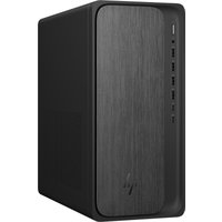 Black HP OmniDesk PC tower with brushed metal front panel, vertical USB ports, and sleek minimalist design.