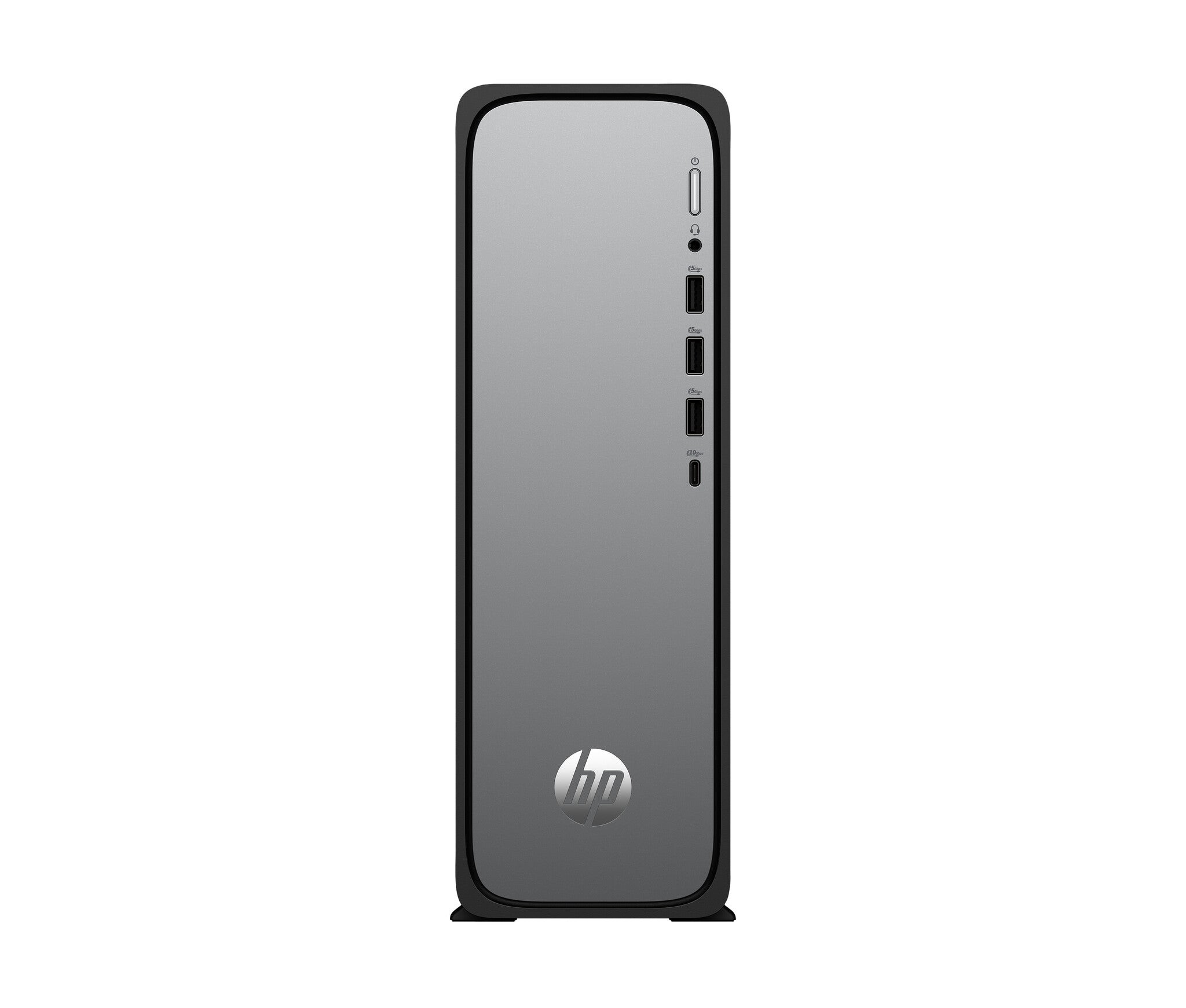 Sleek black HP OmniDesk Slim Tower PC with a reflective front panel, featuring multiple USB ports and an HP logo at the base, designed for compact spaces and modern aesthetics.