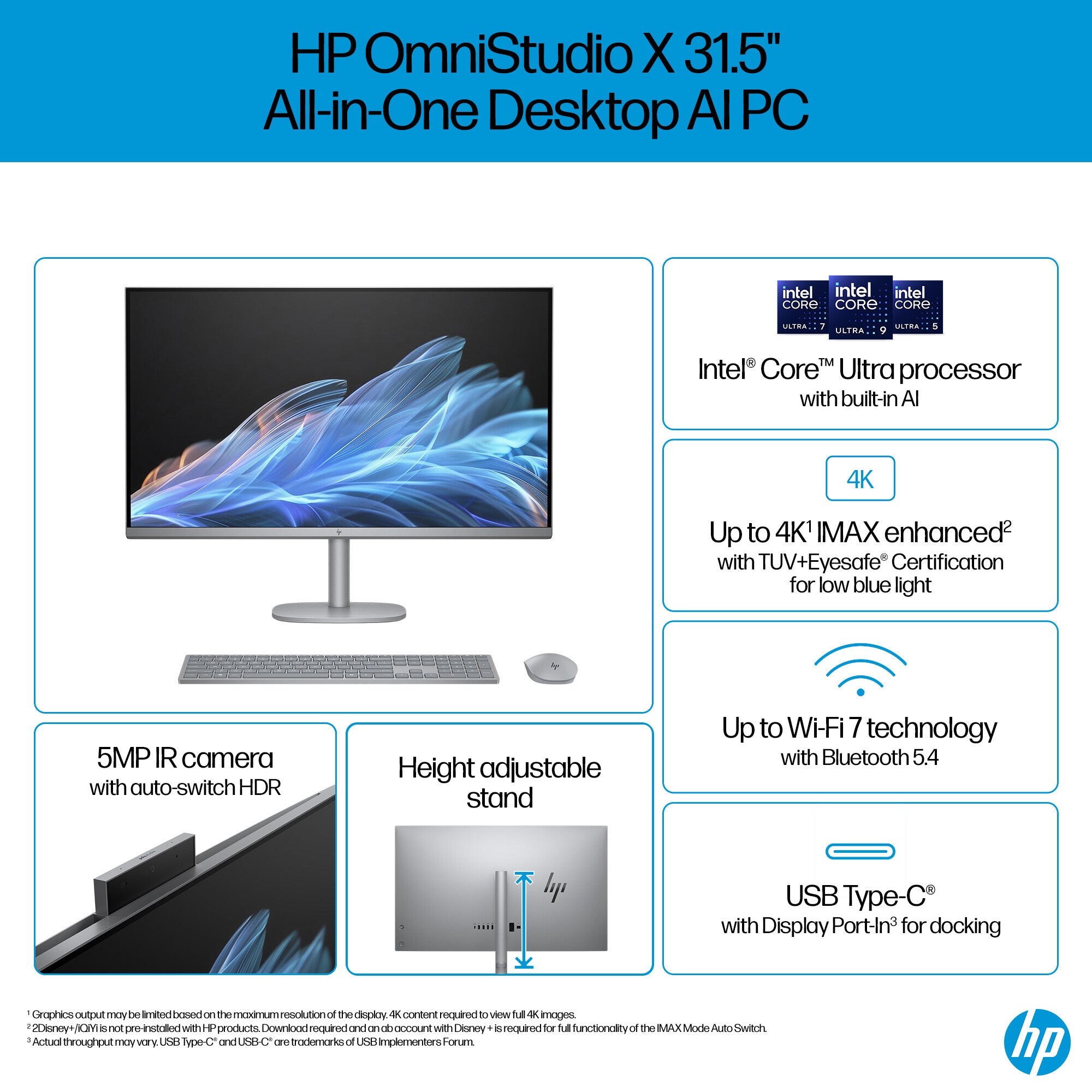 Sleek all-in-one desktop with a 31.5-inch 4K display, silver stand, built-in Intel Core Ultra 7 processor, 5MP IR camera, and USB-C port for docking.