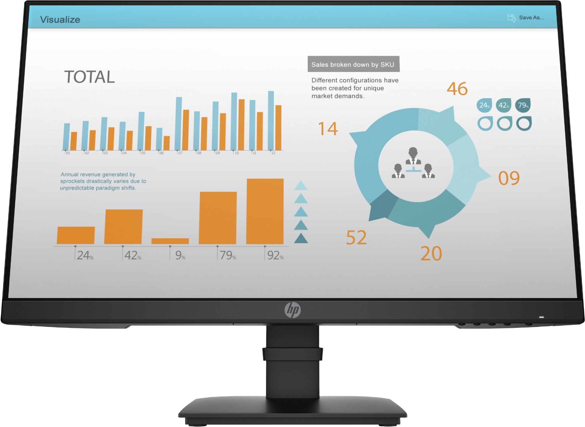 HP P24 G4 monitor with a 23.8-inch display, featuring a sleek black bezel, 1920 x 1080 resolution, and a sturdy black stand, showcasing colorful data visualizations on screen.