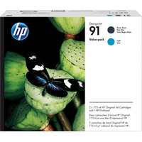 HP P2V35A/91 printhead multi pack with black matte and cyan ink cartridges, butterfly design on white packaging.