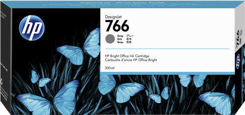 Gray HP DesignJet 766 ink cartridge packaging featuring blue butterflies on a dark background, labeled with product details and a 300ml capacity.