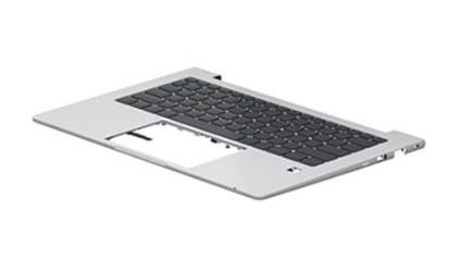 Silver laptop keyboard with black keys, featuring a sleek design and a cutout for the touchpad, suitable for HP P38445-B31 model.