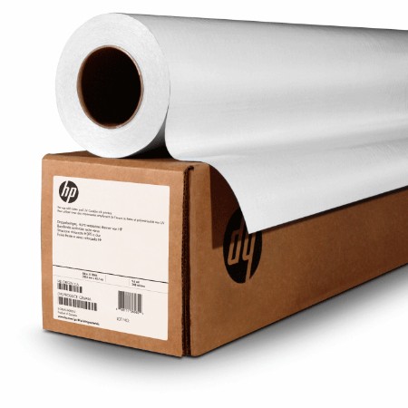 Bright white matte paper roll, 36 inches wide and 45 meters long, displayed partially unrolled from a brown cardboard box with HP branding.