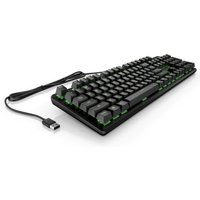 Black HP Pavilion Gaming 500 keyboard with USB connection, green backlit keys, and ergonomic design.