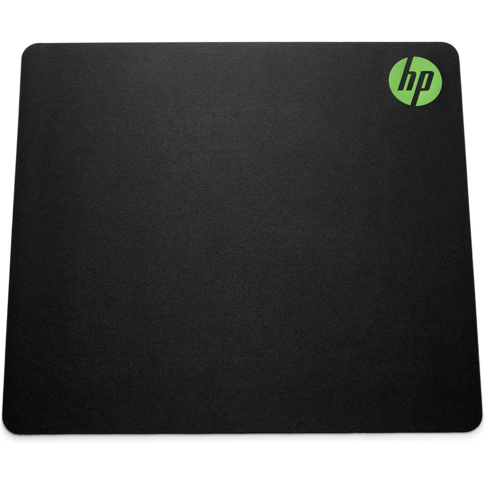 Black gaming mouse pad with a smooth surface, featuring a vibrant green HP logo in the top right corner, designed for precision and control in gaming.
