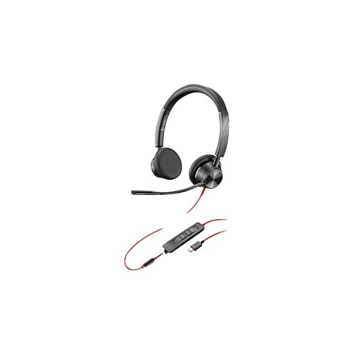 Black HP Poly headset with a flexible microphone, featuring red accents on the cable and an in-line control unit for volume and mute functions.