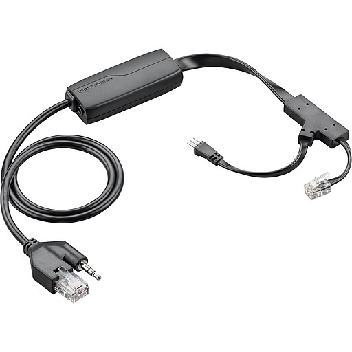 Black EHS cable with a rectangular control box, featuring a 3.5mm audio jack and two RJ-11 connectors, designed for HP Poly headsets.