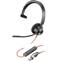 Black HP Poly headset with cushioned ear pad, adjustable headband, USB-C/A adapter, and inline controls.