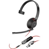 Black HP Poly Blackwire 5210 monaural headset with USB-C, 3.5mm plug, USB-C/A adapter, and adjustable microphone boom.
