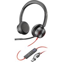 Black HP Poly Blackwire 8225 stereo headset with USB-C/A adapter, boom mic, and inline controls.
