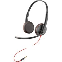 Black HP Poly Blackwire C3225 headset with padded ear cups, adjustable headband, and red cord with 3.5mm jack.