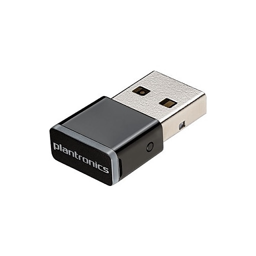Compact black USB-C Bluetooth adapter with a metallic silver connector, featuring the "plantronics" logo on the side, designed for seamless wireless connectivity.