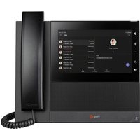 HP Poly CCX 600 business media phone with touchscreen, handset, and coiled cord, designed for Microsoft Teams.