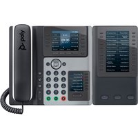 HP Poly Edge E400 IP Phone with PoE, black and gray design, large display, keypad, and additional button panel.
