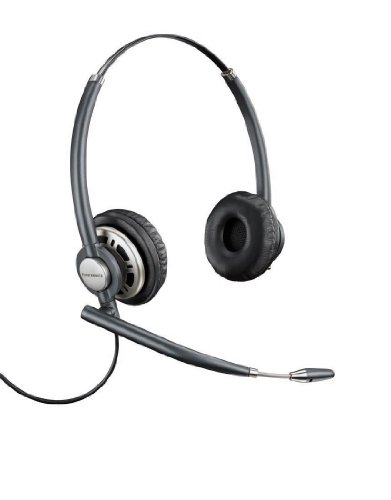 HP Poly EncorePro HW720 Duo headset features a sleek black design, padded ear cups, a flexible microphone boom, and a lightweight construction for comfort during extended use.