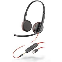 Black HP Poly lckwire 3225 wired headset with USB connector, inline controls, and adjustable microphone boom.
