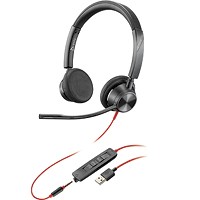 Black over-ear headset with a flexible microphone, featuring a USB connector and in-line control with red accents.