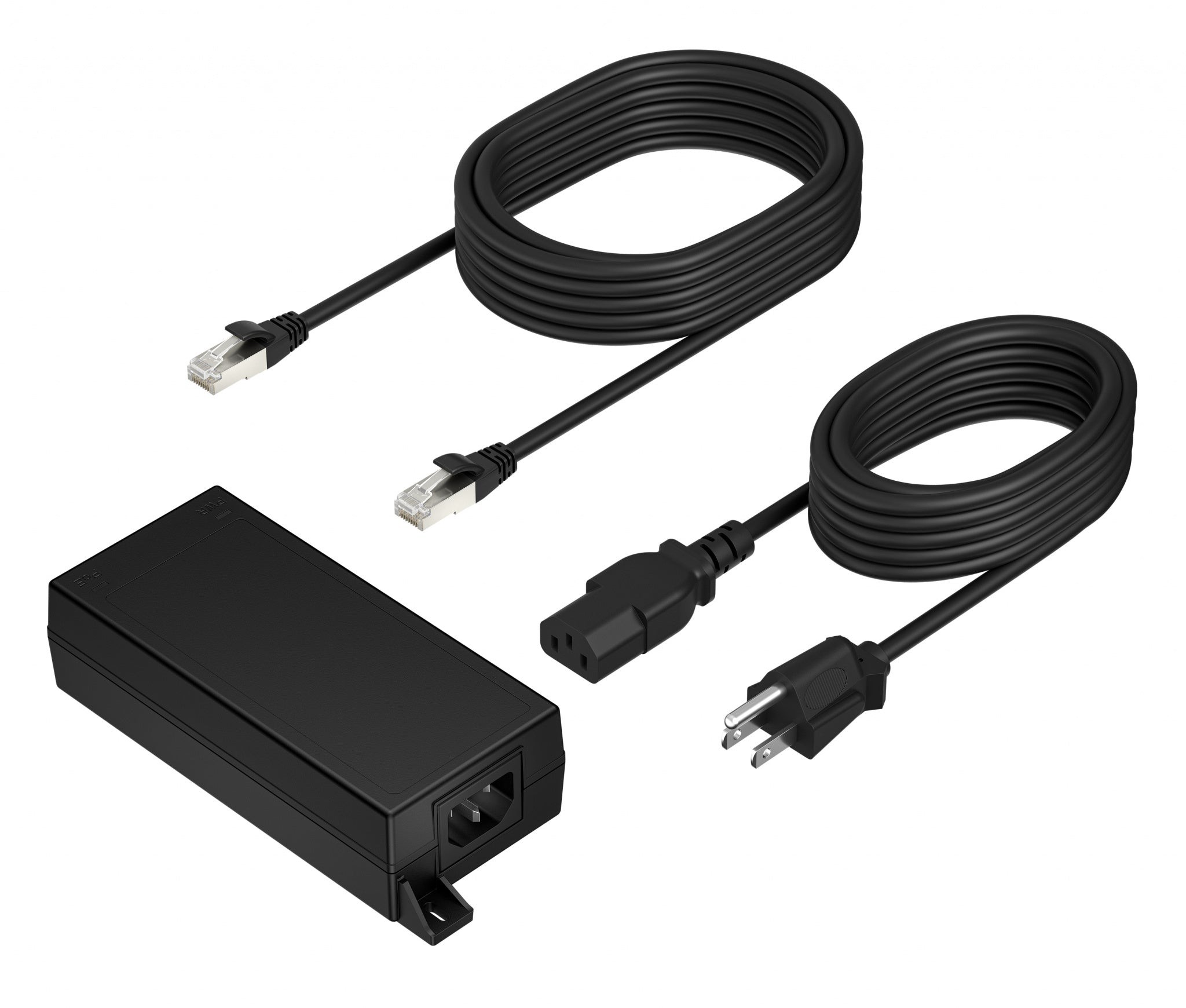 Black rectangular power adapter with two Ethernet cables and a power cord, designed for HP Poly POE++ 65W, featuring a compact design suitable for UK outlets.