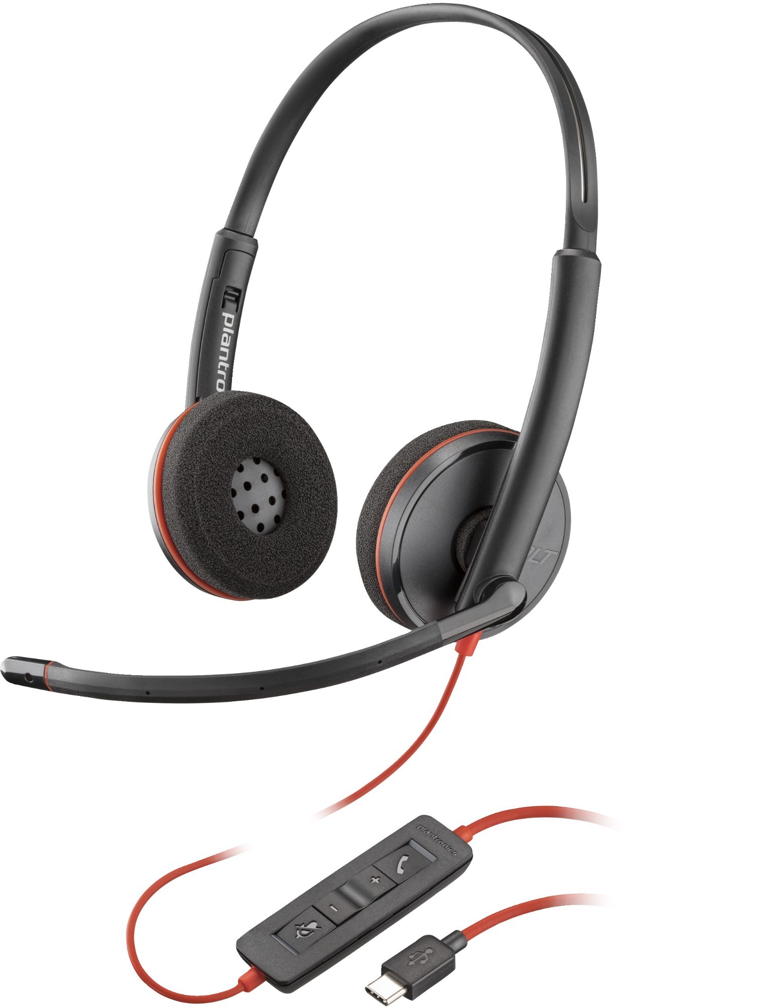 Black stereo USB-C headset with foam ear cushions, adjustable headband, and an attached control module featuring a red cable for easy connectivity.