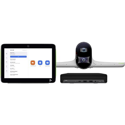 HP Poly Studio E70 Smart camera with dual lenses, sleek white design, and a black control unit featuring multiple ports, alongside a touchscreen interface for Zoom Rooms.