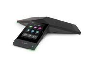 HP Poly Trio 8500 conference phone in black with a touchscreen interface, featuring built-in Bluetooth and a sleek triangular design for enhanced audio conferencing.