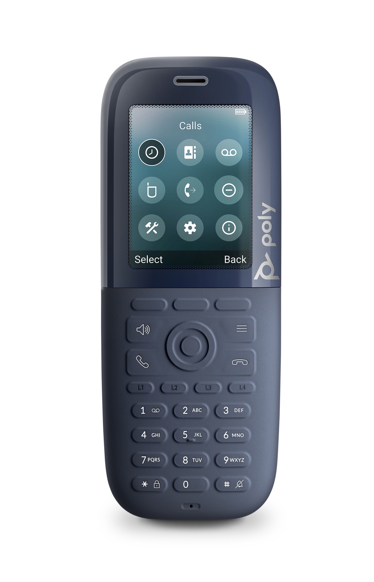 Dark blue HP Poly Rove 30 DECT phone handset featuring a numeric keypad, a color display with call icons, and a sleek, ergonomic design.