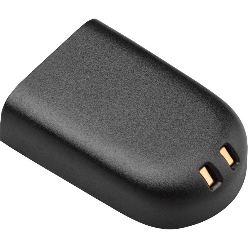 Black battery with a smooth, rounded design and two gold contact points, accompanied by a removal tool, designed for the Poly Savi 7200 headset.