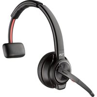 Monaural black headset with cushioned ear pad, adjustable headband, and attached microphone, plus charging cradle.
