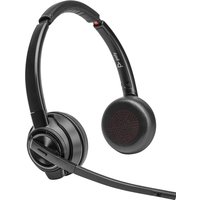 Black HP Poly Savi 8420 stereo DECT headset with adjustable headband and boom microphone.