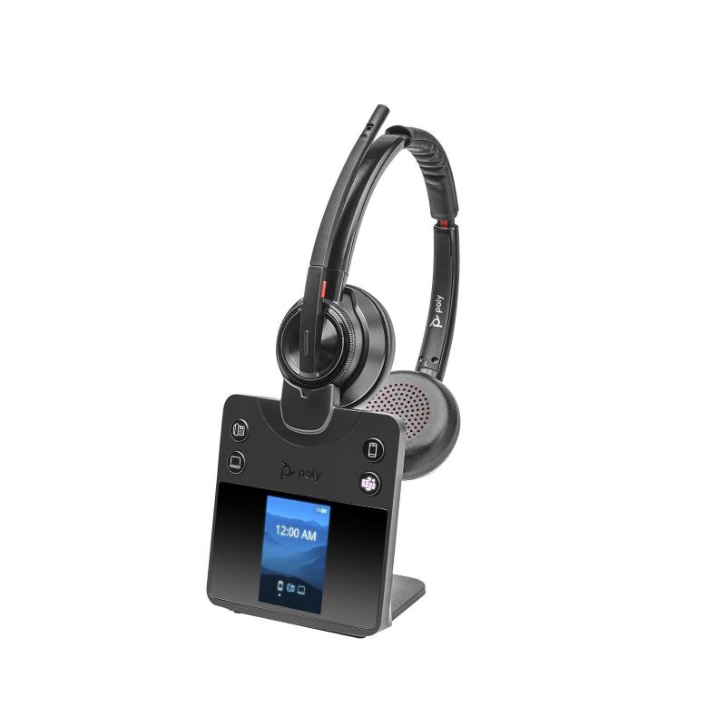 Black stereo headset with a sleek design, featuring a digital display, adjustable microphone, and cushioned ear pads, designed for Microsoft Teams compatibility.