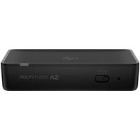 Black HP Poly Studio A2 video bar with sleek rectangular design and front-facing control buttons.