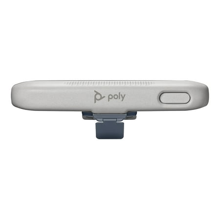 Poly mounting bracket in light gray, featuring a sleek design with a textured surface and a side button, compatible with VESA mounts for video conferencing cameras.