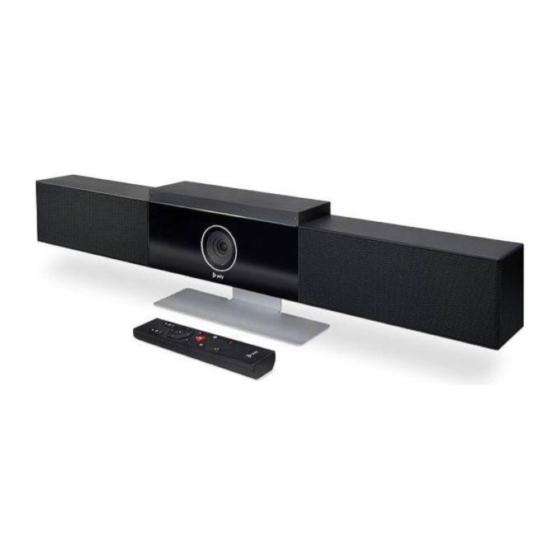 Black USB video bar with dual speaker design, central camera lens, and a sleek silver base, accompanied by a remote control featuring buttons for easy operation.