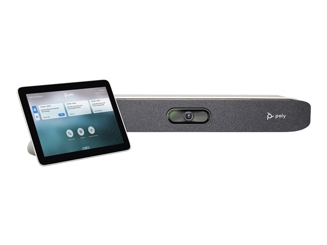HP Poly Studio X30 All-in-One Video Bar in dark grey fabric finish with a built-in camera, paired with a black TC8 touchscreen controller displaying a user interface.