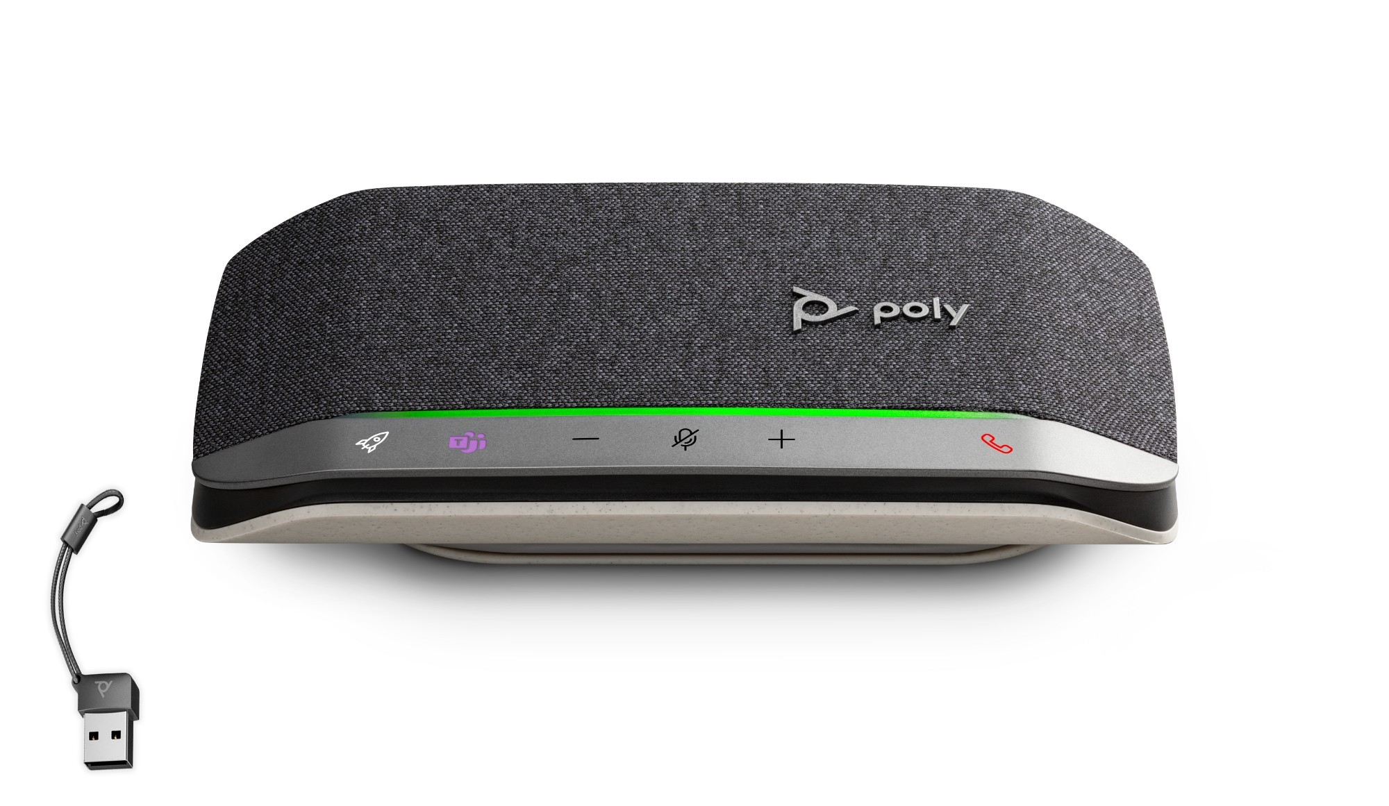 HP Poly Sync 20-M speakerphone in dark gray fabric with a sleek design, featuring touch controls, LED indicators, and a USB-C adapter on the side.