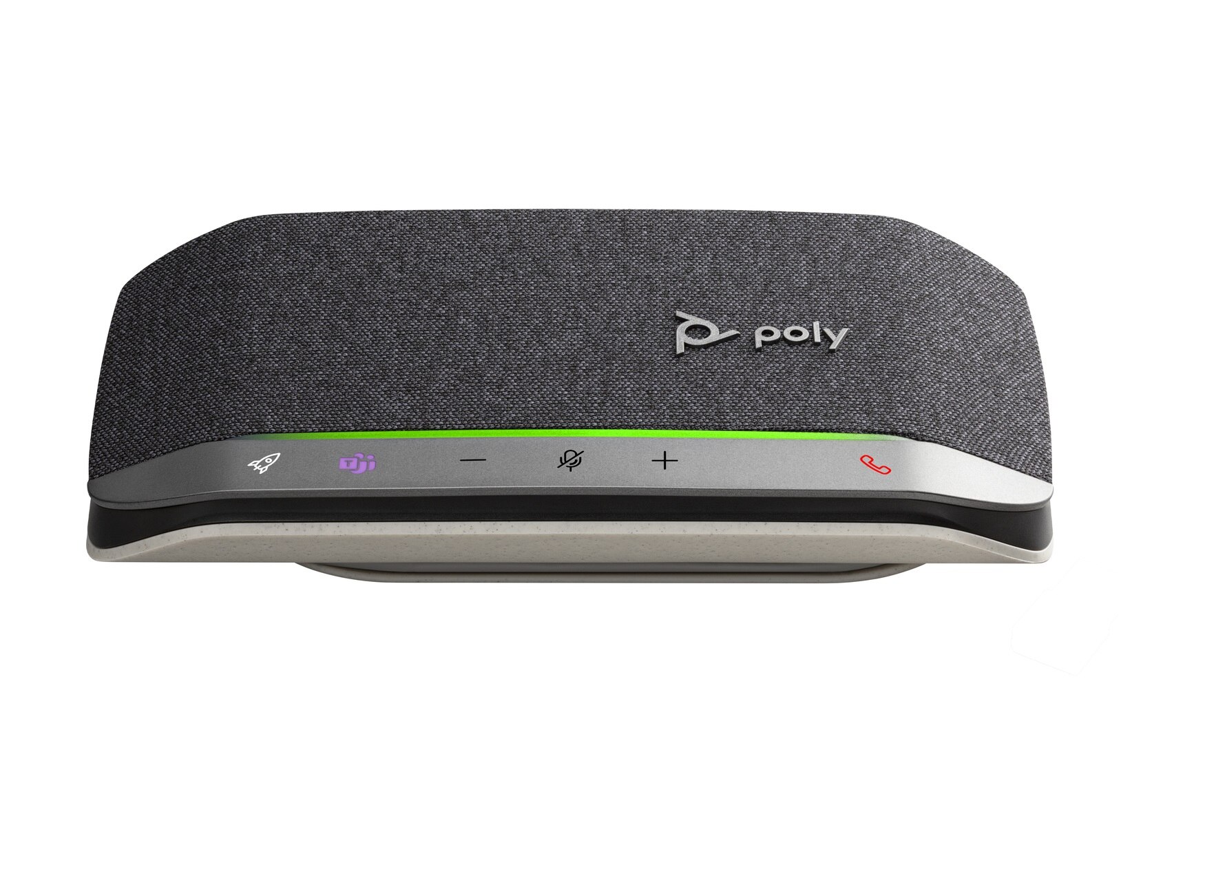 HP Poly Sync 20 speakerphone in silver and dark gray fabric, featuring Microsoft Teams certification, touch controls, and LED indicators for call status.