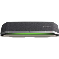 HP Poly Sync 40 speakerphone, dark gray fabric, silver trim, LED light bar, Microsoft Teams certified.