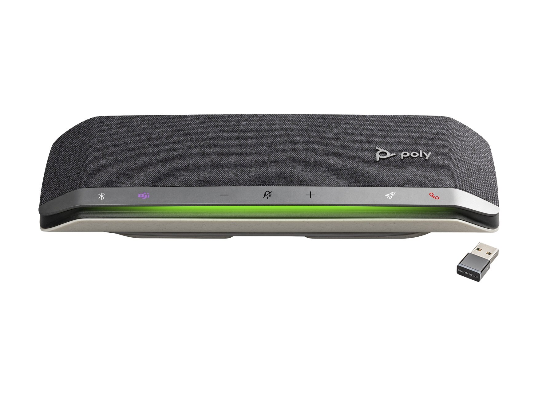 Silver USB and Bluetooth speakerphone with a sleek design, fabric-covered top, illuminated control buttons, and a USB dongle for connectivity.