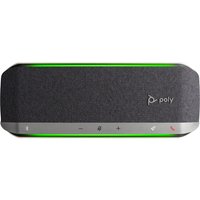Black rectangular HP Poly Sync 40 speakerphone with green LED accents and control buttons on silver panel.