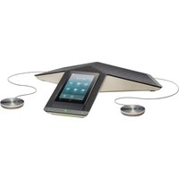 Black HP Poly Trio C60 Expansion Microphones with triangular base, touchscreen, and two wired round mics.