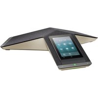 Black and silver HP Poly Trio C60 IP conference phone with touchscreen and triangular design.