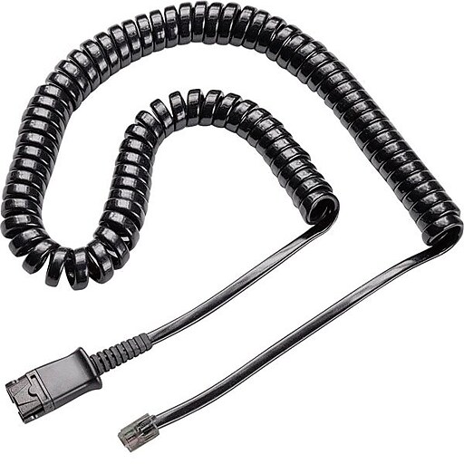 Black coiled audio cable with quick disconnect feature, measuring 10 feet, designed for audio devices and headsets, featuring modular connectors at both ends.