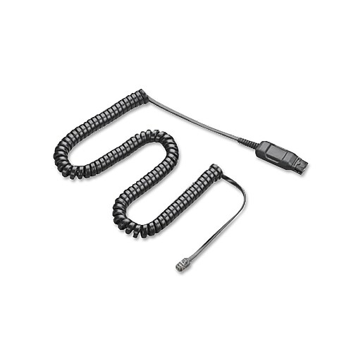 Coiled black cable with a quick disconnect connector at one end and a standard connector at the other, designed for use with HP Poly headsets.