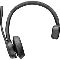 "Black HP Poly Voyager 4310 headset with boom mic, BT700 dongle, and charging stand, Microsoft Teams certified"